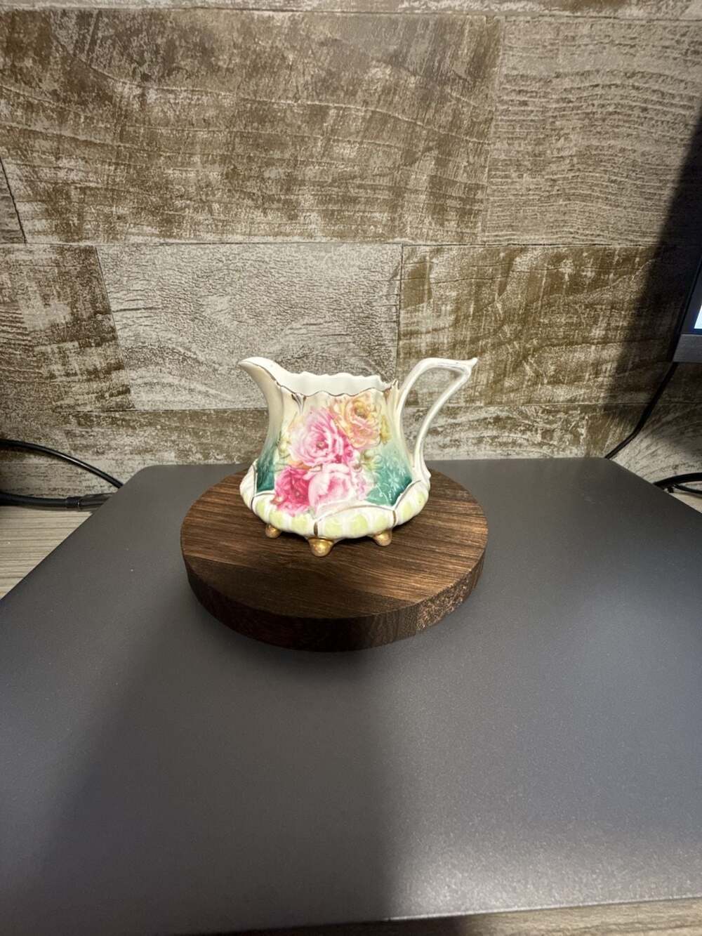 Antique RS Prussia Footed Porcelain Pitcher with Pink Roses and Gilt Details